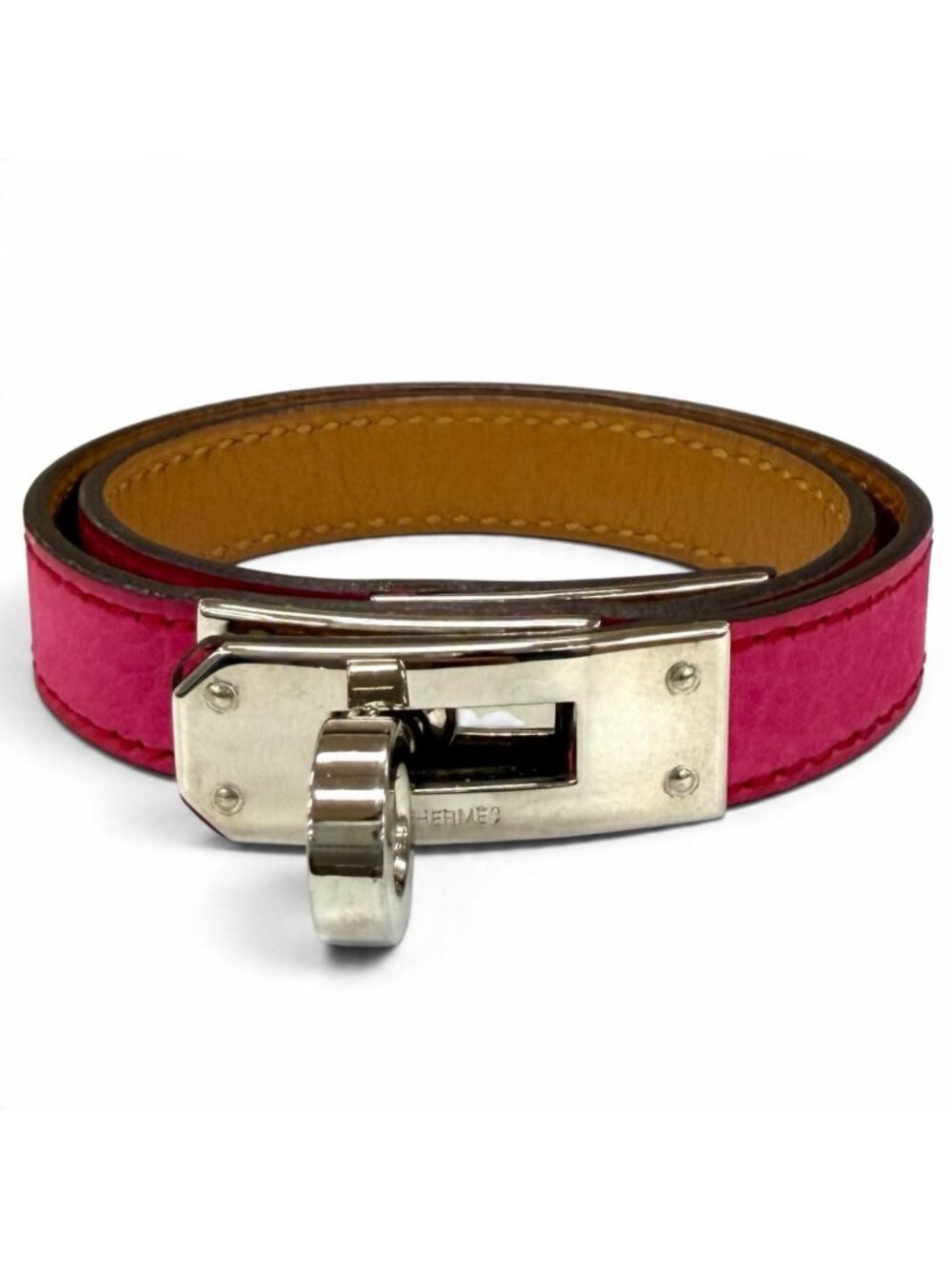 Hermes Leather Bracelet Kelly Double Tour Fuchsia Pink Silver
